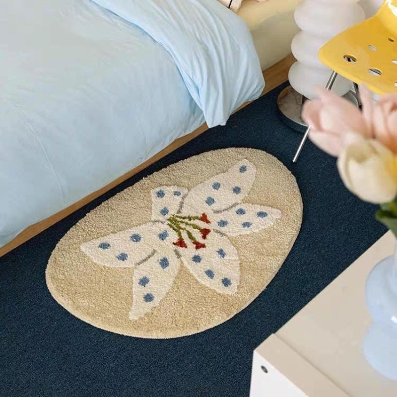TEMU 1pc 50x80cm/19.7x31.5inch High-quality Faux Cashmere+non-slip Base Elliptical Area Rug With Fresh Flower Black And White Background Print,