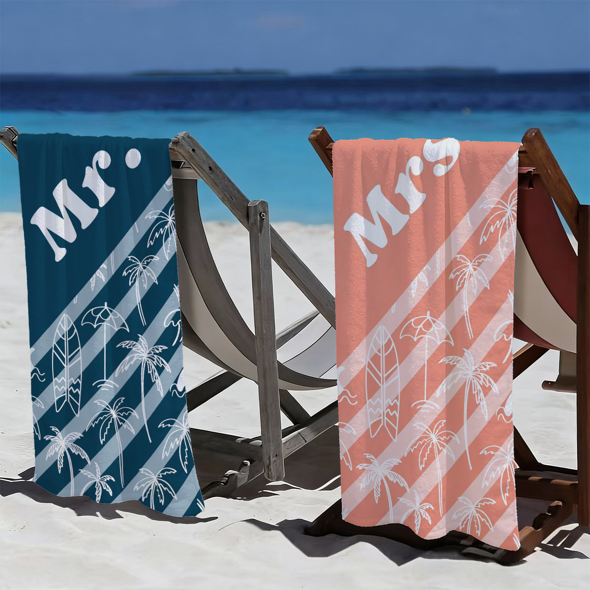 TEMU Lot de 2 serviettes de plage thème couple Mr. & Mrs. vacances bleu et rose | Séchage rapide, ultra-douces | Polyvalentes pour le yoga, les , la