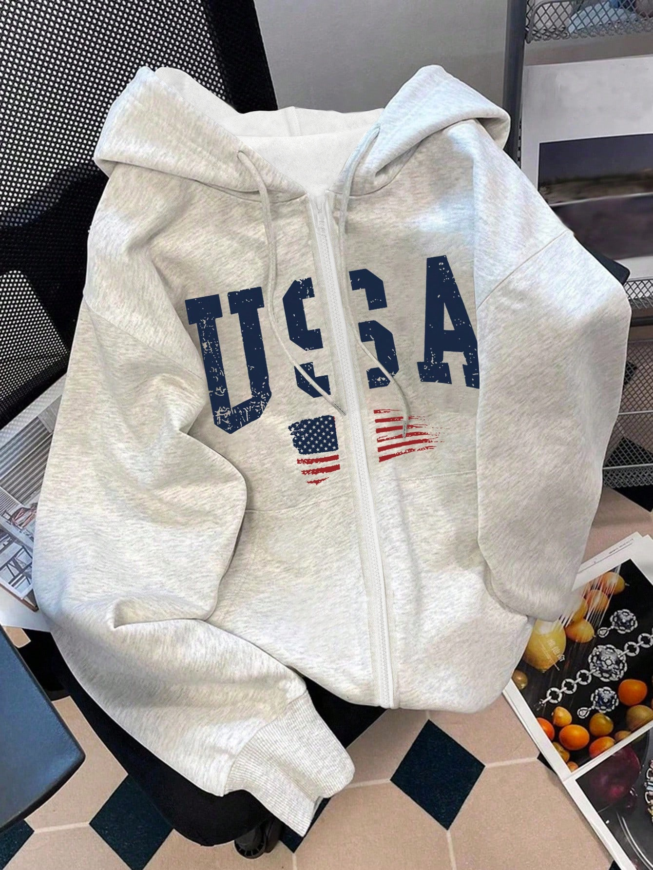 maddə şəkli amerika bayrağı hərf naxışlı, fermuarlı kapüşonlu qadın gündəlik sweatshirt, polar astarlı i̇sti sweatshirt