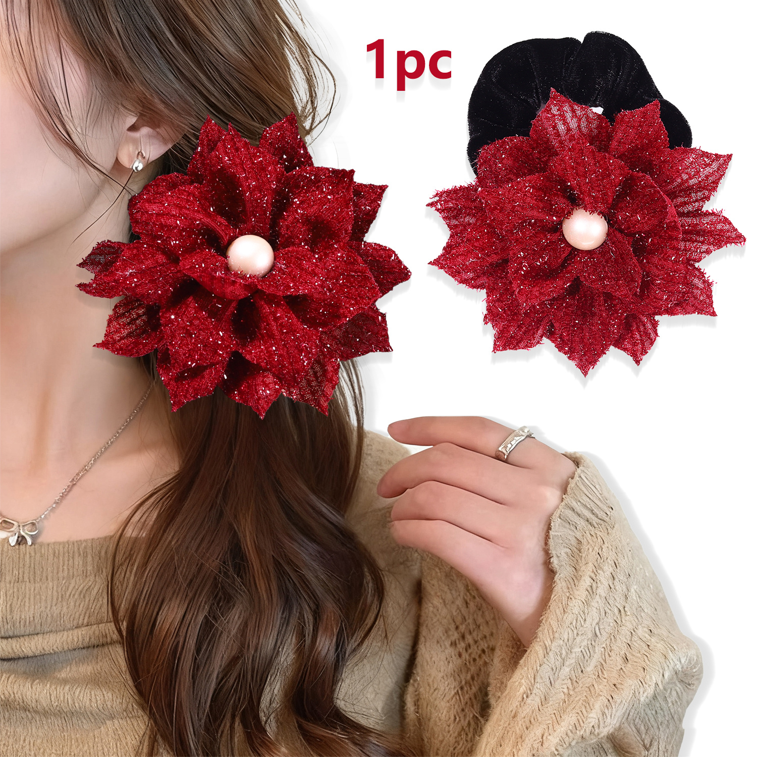 Image of 1pc Autumn/winter New Lace Flower Velvet Hair Tie, Women's Fashion Bohemian Style Large Flower Elastic Hair Band, Black Hair Tie, Ponytail Holder, Suitable For Daily Wear And Holiday Parties