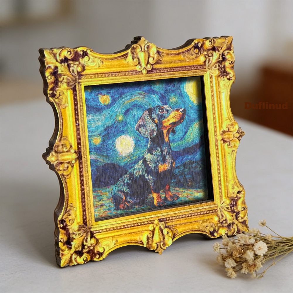TEMU Aimant de réfrigérateur en bois style Nuit étoilée de Van Gogh avec teckel, décoratif, mélangées à des coups de pinceau artistiques, design et ,
