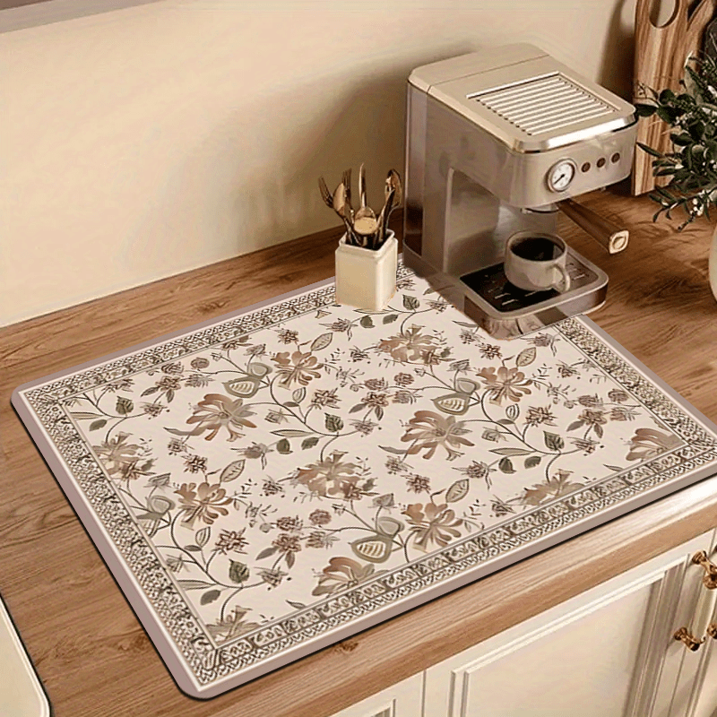 TEMU 1pc Kitchen Dish Drying Mat, Vintage Floral Texture Absorbent Placemats - Multi-functional Dining Accessory With Multiple Drainage Functions,