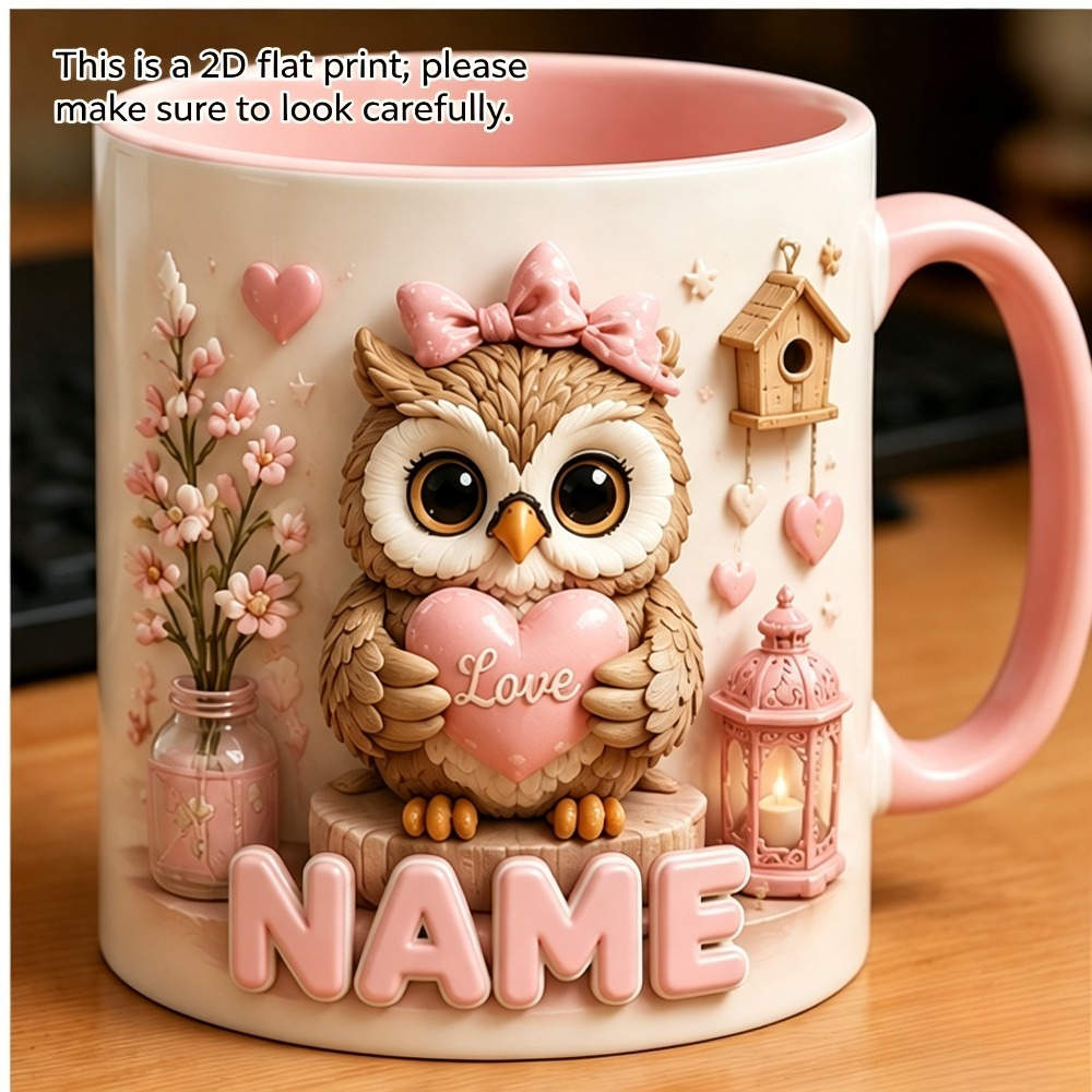TEMU 2d Printed Personalized Custom Ceramic Mug, Coffee Cup, Owl-themed Design, Custom Name Available, Home Balcony Desk Daily Drinking, , Birthday,