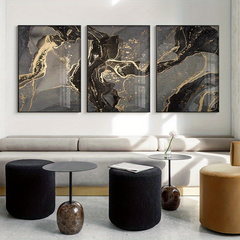 TEMU (canvas Poster Unframes)3pcs Black And Gold Abstract Canvas Decoration Painting Luxury Quicksand 3pcs Set Sofa Wall Art Picture For Living Room