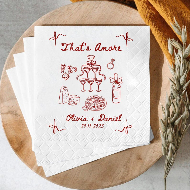 TEMU Custom Napkins, Amore Napkins, Italian Version Of Bachelorette Cocktail Napkins, Pink Red Striped Wedding Party Decorations, Custom Name Date Or