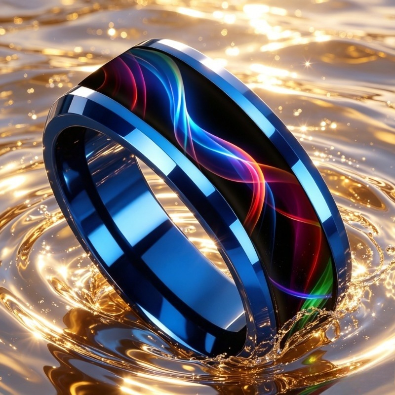 TEMU Bague à bordure bleue en acier inoxydable 304 avec fond noir, motif éclair violet, bague à large face pour hommes et femmes, tenue de soirée