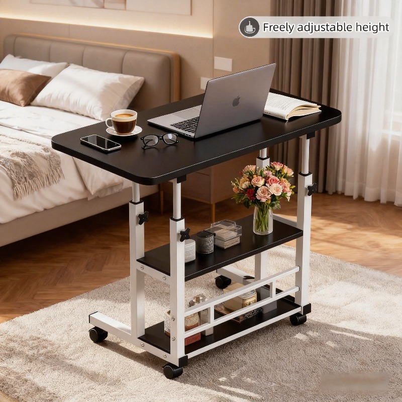 this movable height adjustable bedside computer desk is adjustable from 23 to 35 inches it features   tiered storage design with omnidirectional casters making it suitable for home bedroom