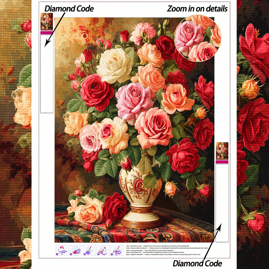 TEMU 1pc 5d Diamond Painting Kit, Retro Vase Rose Theme, Complete Circular Drill Art Set, Suitable For Beginners And Craft Enthusiasts, Decorative
