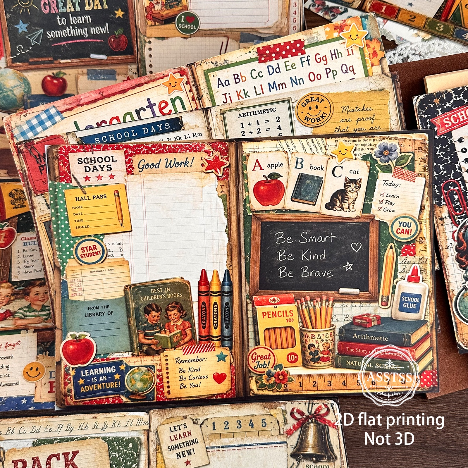 TEMU Asstss 20-sheet A5 Vintage Scrapbook Paper Pads Suitable For Arts Crafts, Junk Journals, Collage Sheets With Back-to-school Themed Patterns,