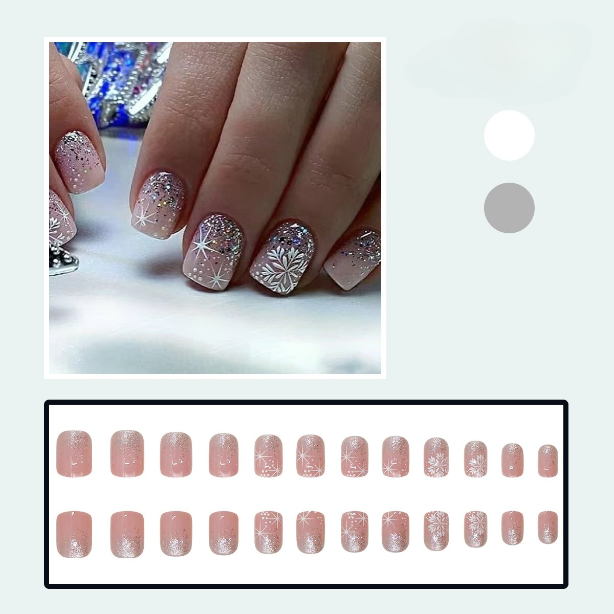 TEMU A Set Of 48 Winter-themed Nail Art Pieces Featuring A Silvery Glitter Gradient And Of White Snowflakes And , Perfect For A Festive Look. Ideal For Women