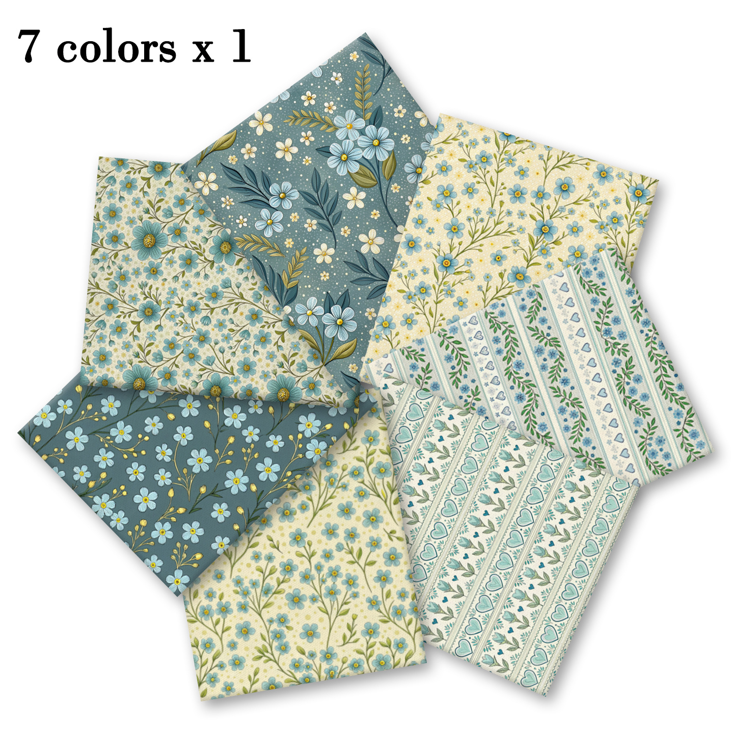 TEMU Juego de 7 piezas de tela para patchwork de capas - Colección de tela de floral pastoral azul con . pequeñas en azules, margaritas tipo