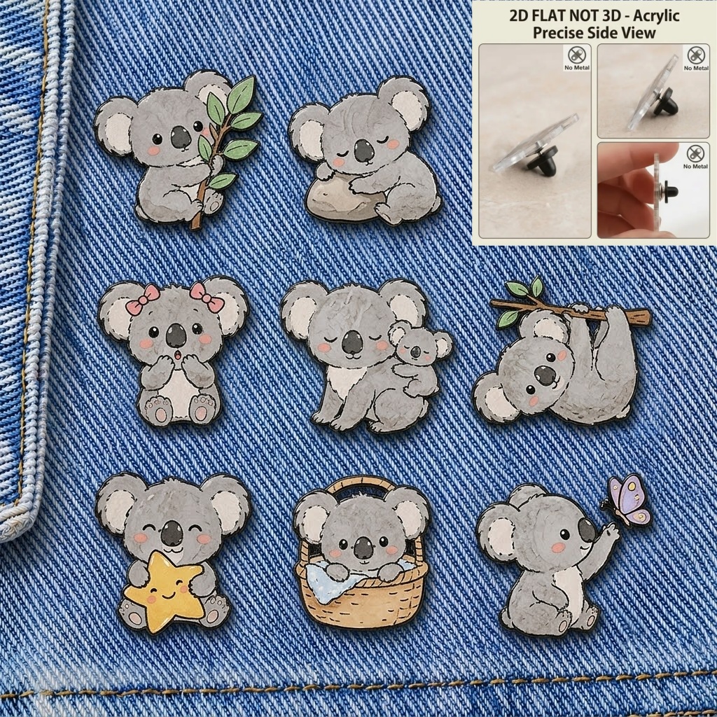 TEMU 2d Flat, 2d Flat Not 3d 8pcs Set Cartoon Koala Brooch Badge Pins, Acrylic Koala Decorative Pins, Acrylic Pin Badges With Silicone Back Clasps,