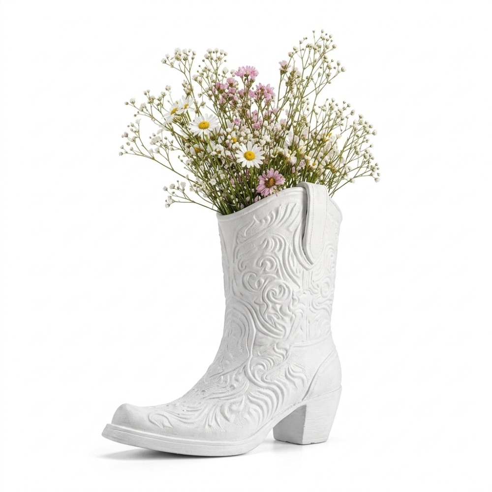 TEMU 3d Printed White Denim Boot Vase, Embossed Western Boot-shaped Vase, Country Farmhouse Decorative Dried Flower Vase Tabletop Home Decor