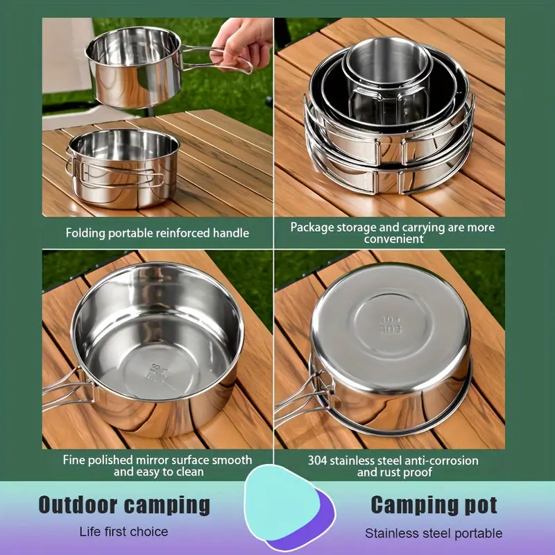 6pcs stainless steel outdoor cookware set   multi use board 2 folding pots frying pan cups with storage bag rust proof portable for camping picnics details 8