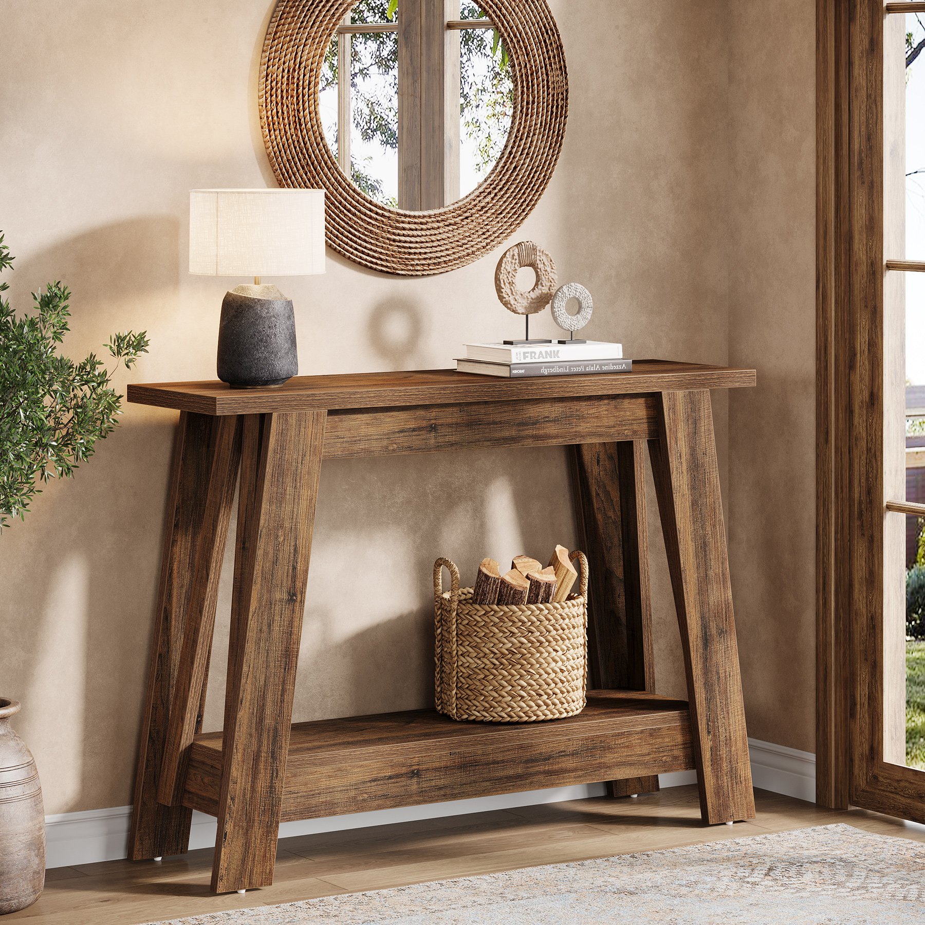 TEMU 105cm Console Table With 2-tier Storage Shelf - Rustic Brown Narrow Entryway Table Suitable For Living Room, Hallway, Behind Couch, Assembly