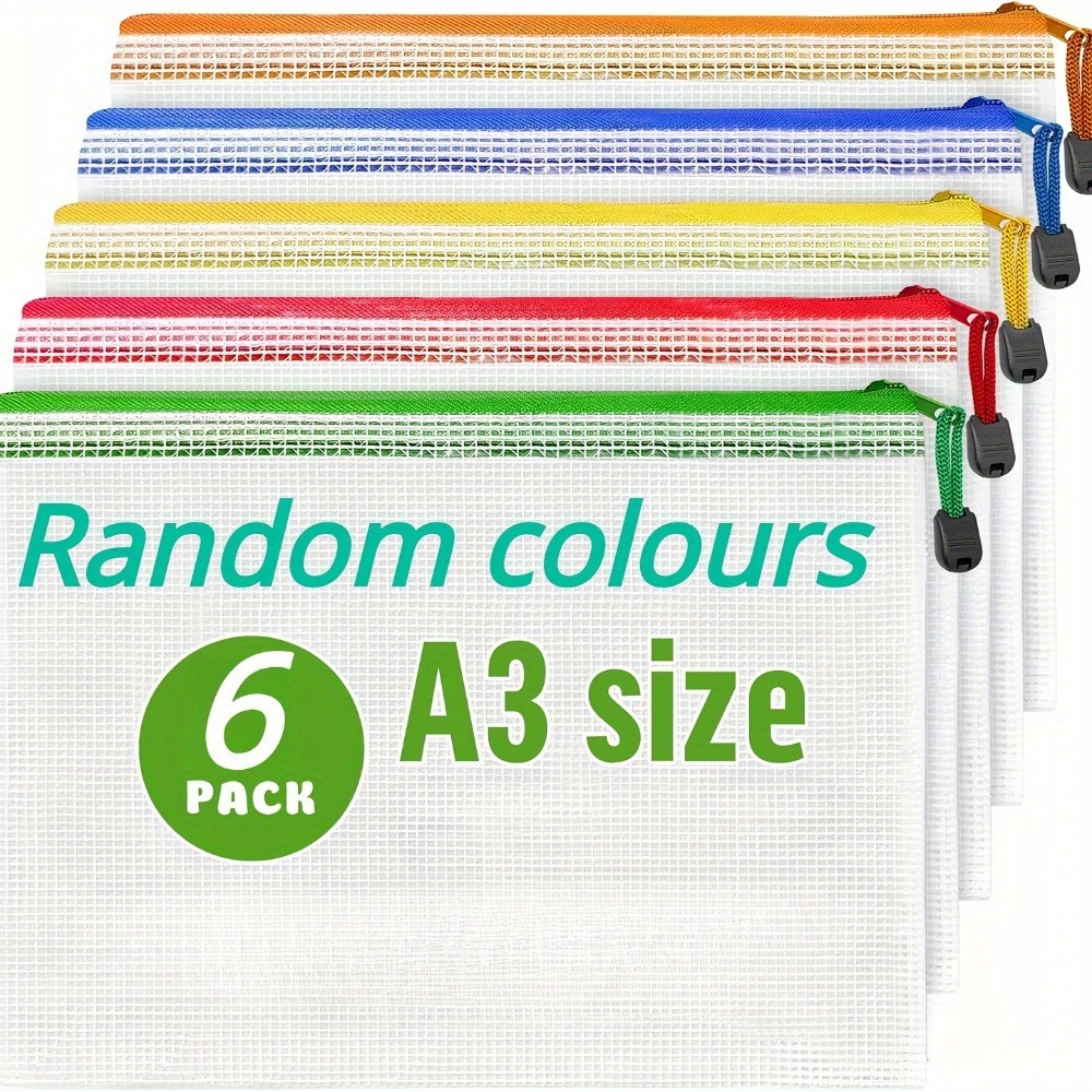 TEMU 6/12-pack A3 Mesh Zipper File Bags | Random Colors, Large Capacity, Multi-use Storage For Office Supplies/school Stationery/documents
