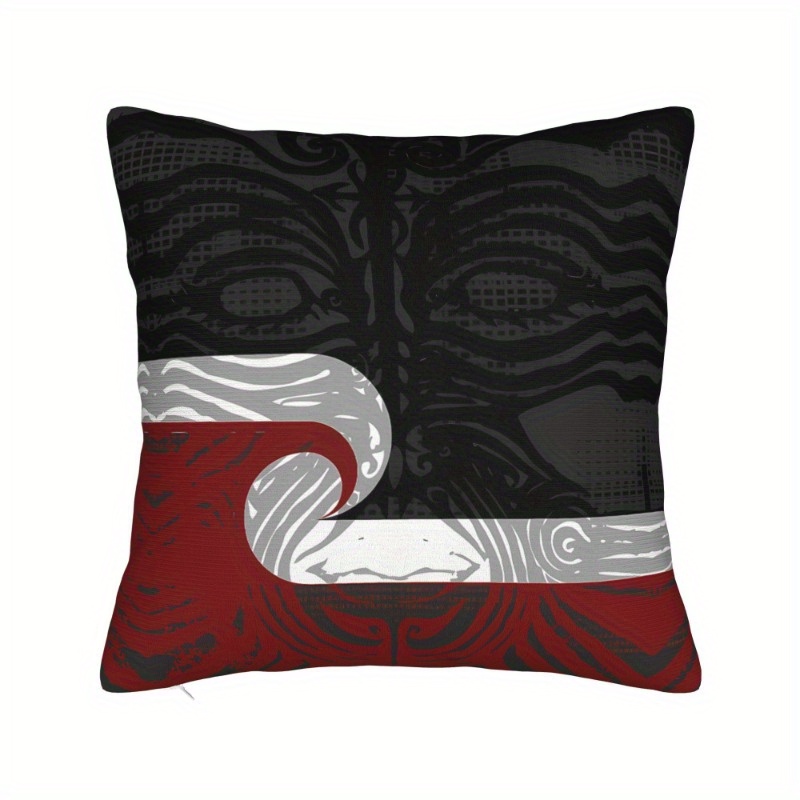 TEMU 1pc Maori Flag-inspired Throw Pillowcase - Contemporary Style, Machine Washable Polyester, Zip Closure, Black, White, And Red Tribal Patterns,