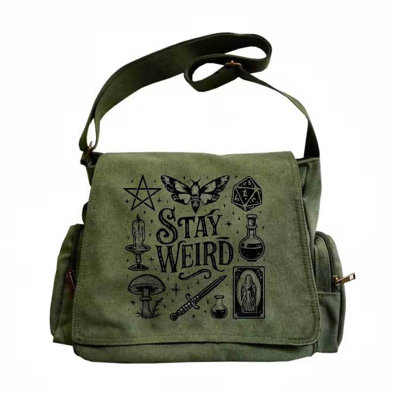 TEMU Large Capacity Shoulder Bag With Flap, Vintage Tote Crossbody Messenger Style. Features Zodiac Dice Candleholder Potion Bottles Mushroom Sword