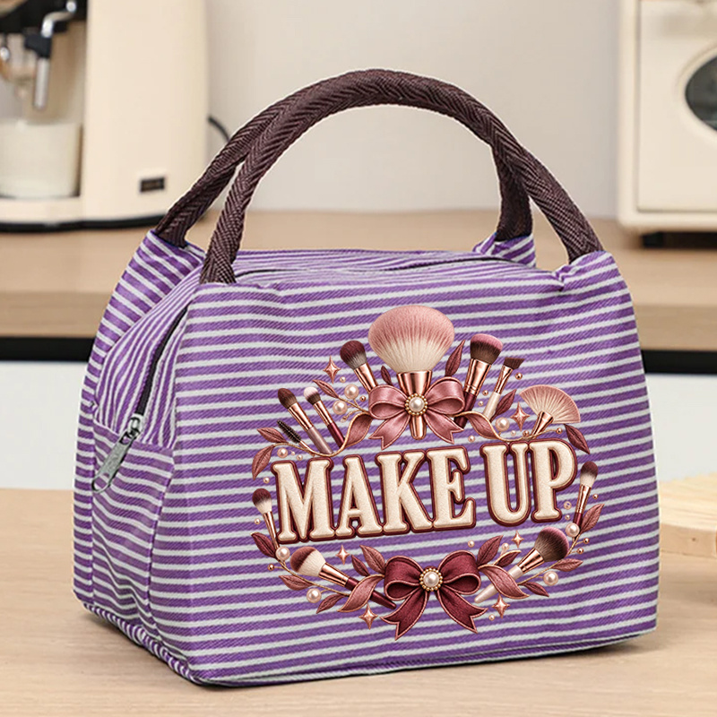 TEMU [women's Handbag] Bow Makeup Brush Printed Striped Women's Handbag, Gentle Contrast With Aura, Woven Handle Soft And Light, Smooth Metal Zipper
