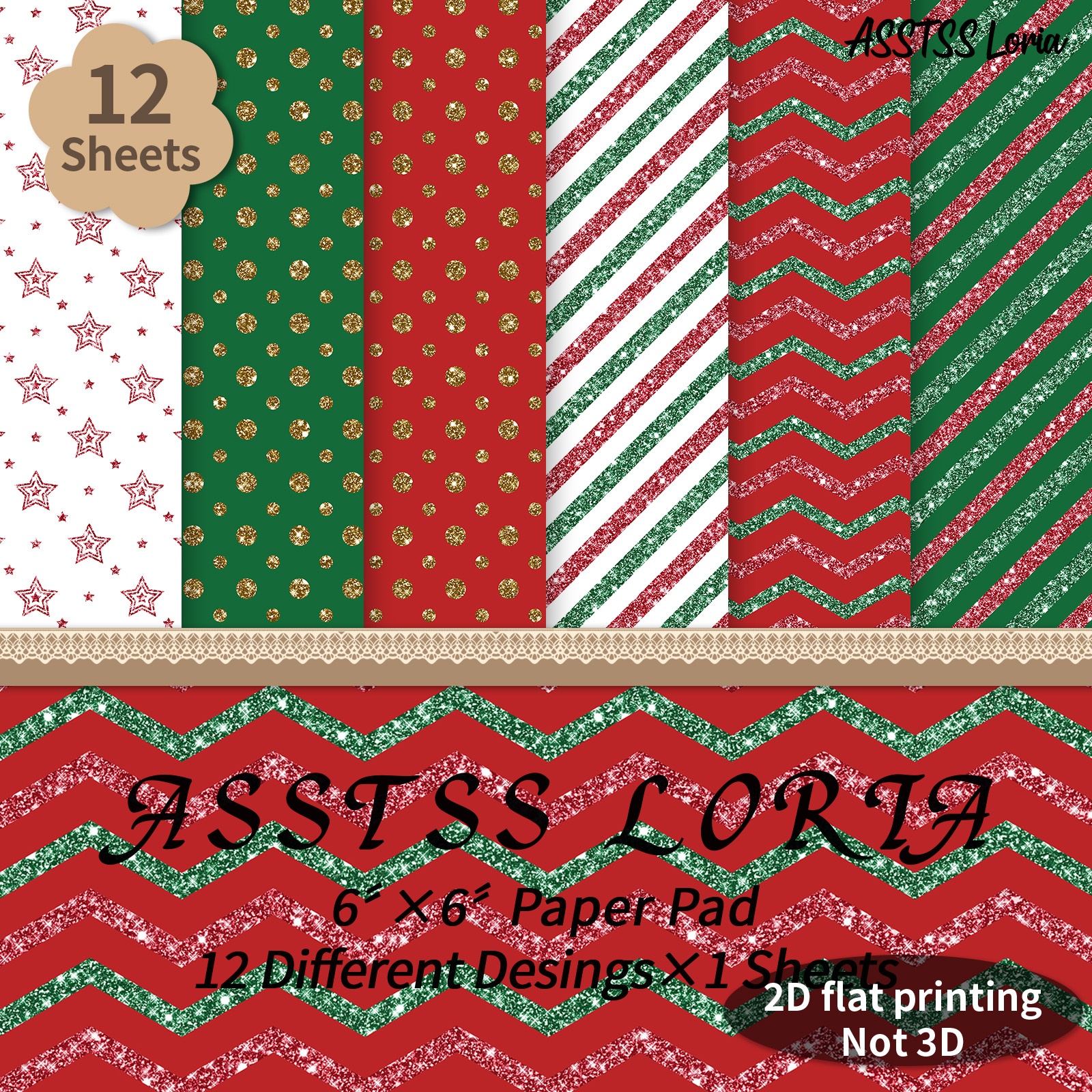 TEMU 12-sheet Asstss Loria 6x6 Inch Scrapbooking Paper Pad, Glitter Christmas Plane/2d Backing Paper Supplies, Heavyweight Cardstock For Journaling,
