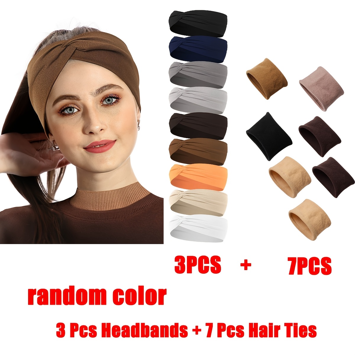 TEMU 10pcs Random Pack (3 Headbands + 7 Hair Ties), Women' Color Cross Knot Headbands, Ideal For Yoga, Running & Daily Casual Wear