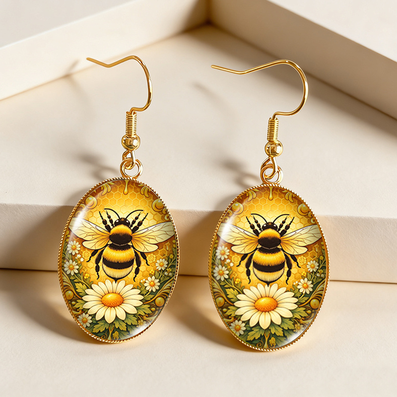 TEMU 1 Pair Daisy With Bee Earring Golden Oval Dangle Earrings Dome Jewelry