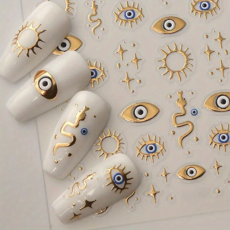 5d Raised Nail Art Stickers - Eyes, Stars & Snake Designs | Glittery Finish, Self-adhesive Hand & Foot Nail Decorations, Nail Art Decorations|cartoon Themed Stickers|selfadhesive Stickers