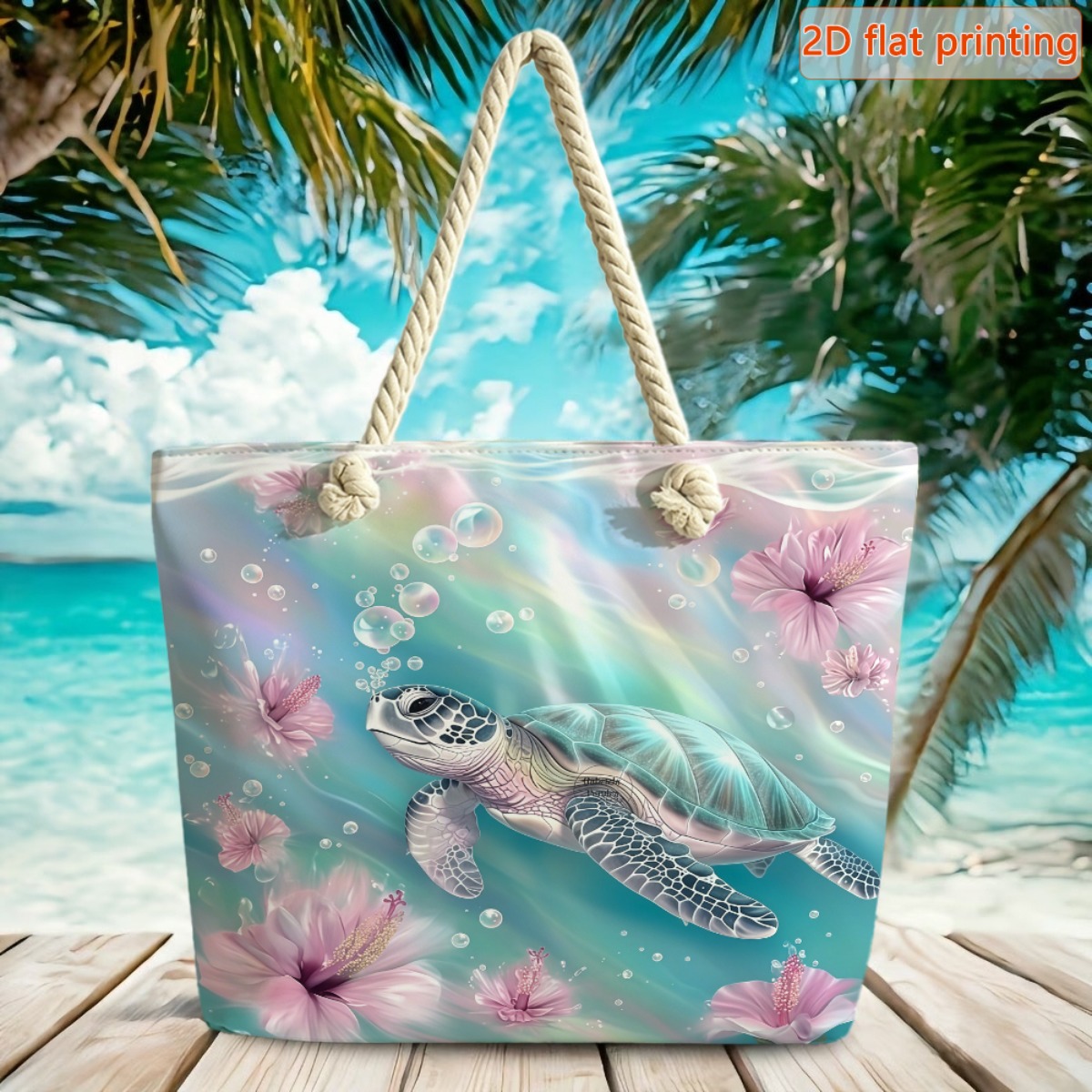TEMU 1pc 2d Flat Women's Large Capacity Travel Tote Bag, Sea Turtle Floral Print Pattern - Fiber Beach Bag, With Dual Comfortable Handles And