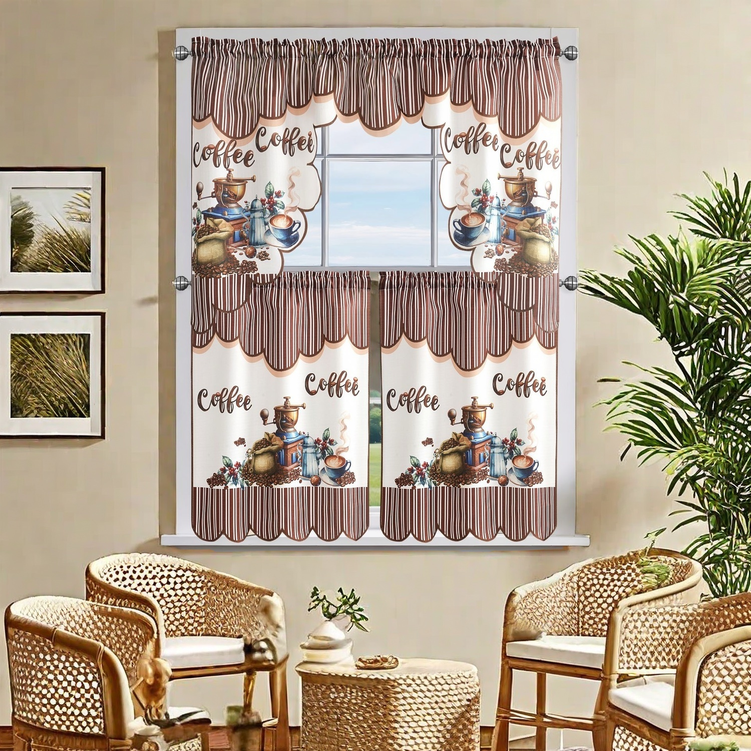 

3pcs -themed Curtain Set With Scalloped - Easy-hang Rod , Light-filtering Polyester, Kitchen & Living Room Decor, Machine Washable, Ideal Gift