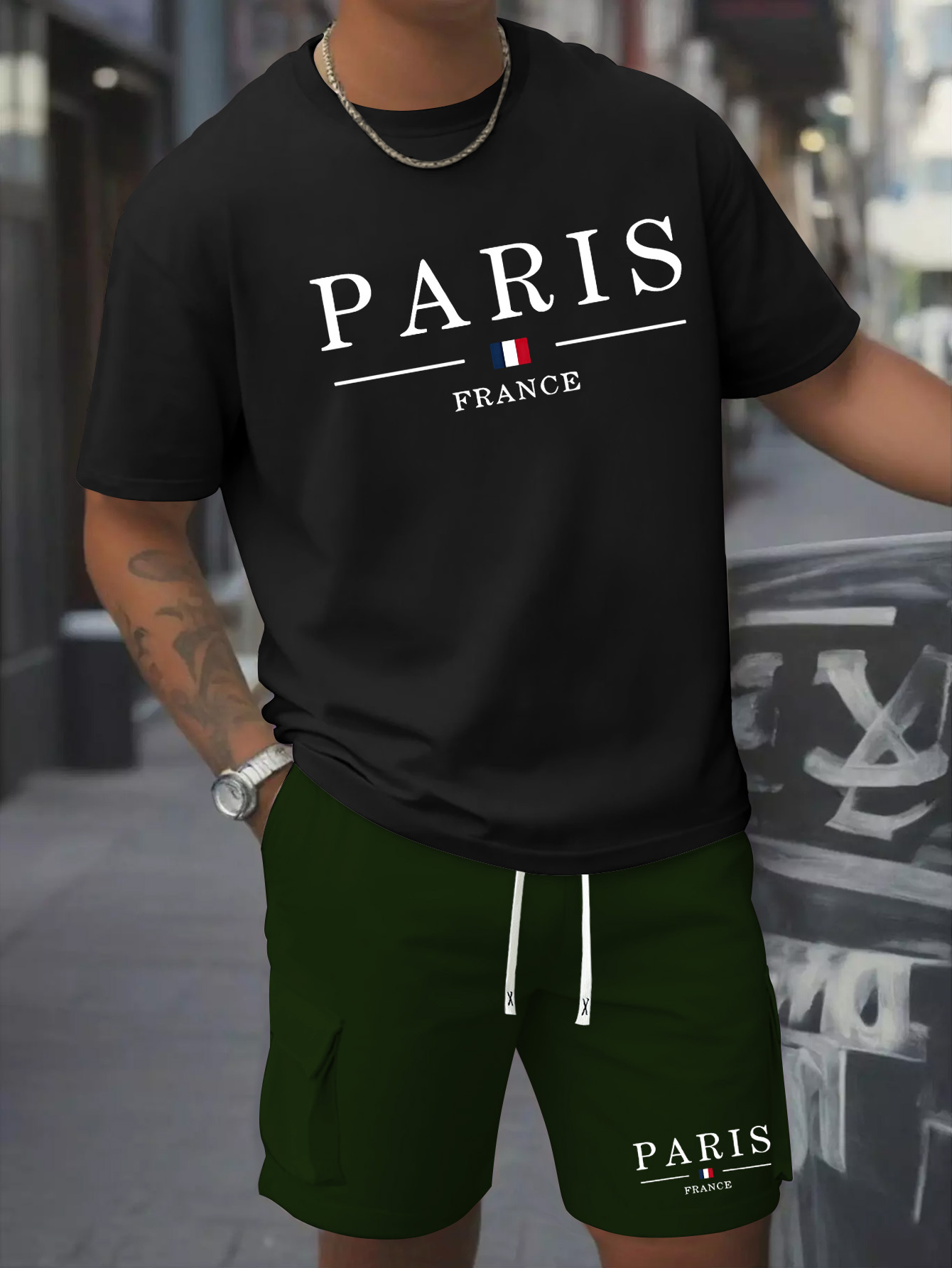 Printed Men's 2pcs Set Round Neck Cotton Short Sleeve T-Shirt and Work Shorts Suit for Spring/Summer