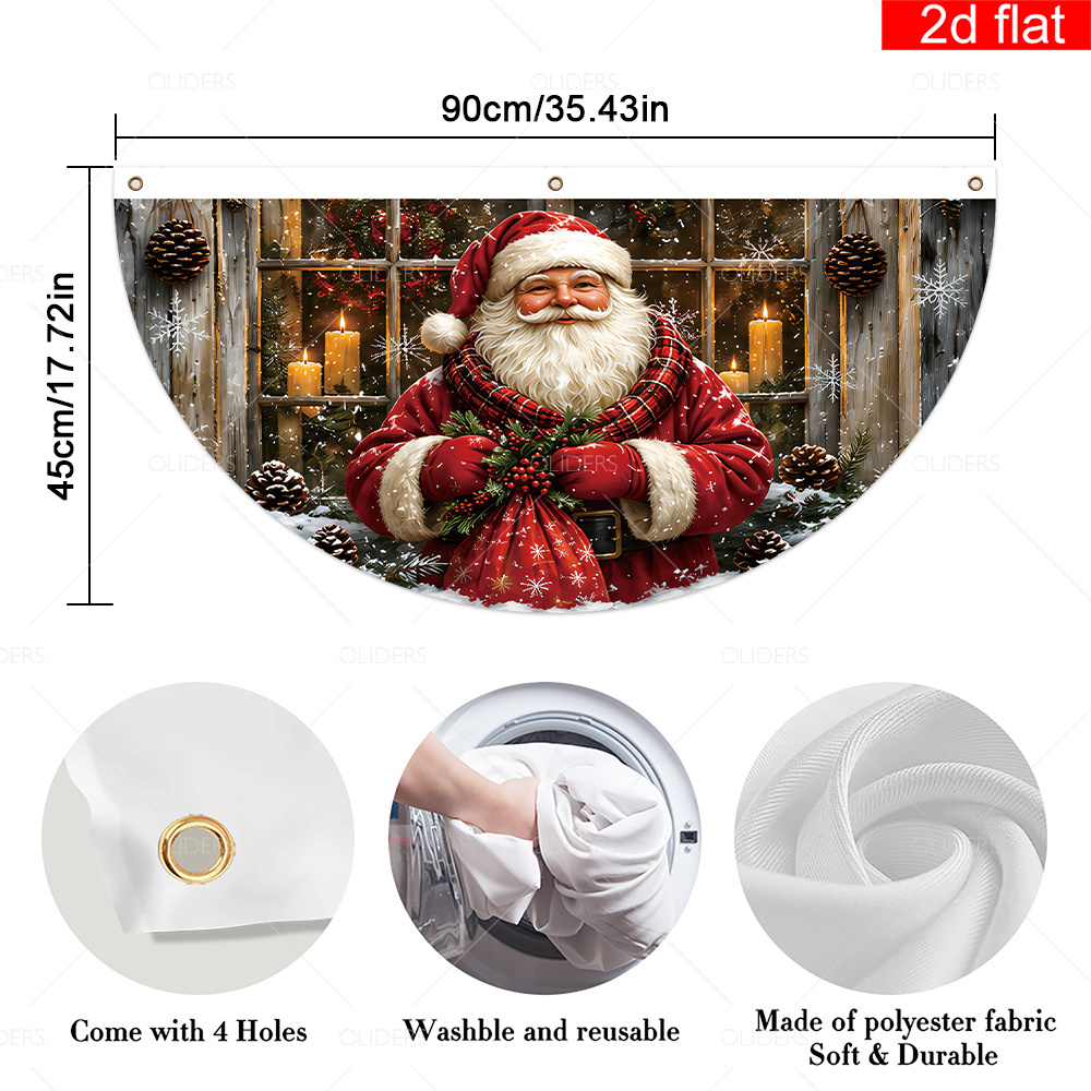 TEMU 2d Flat, 2d Flat Banner, 1pc, Farmhouse Santa Christmas Fan-shaped Banner,, Vintage Background Santa Gift Sack Candle Pine Cone Snowflake Print,