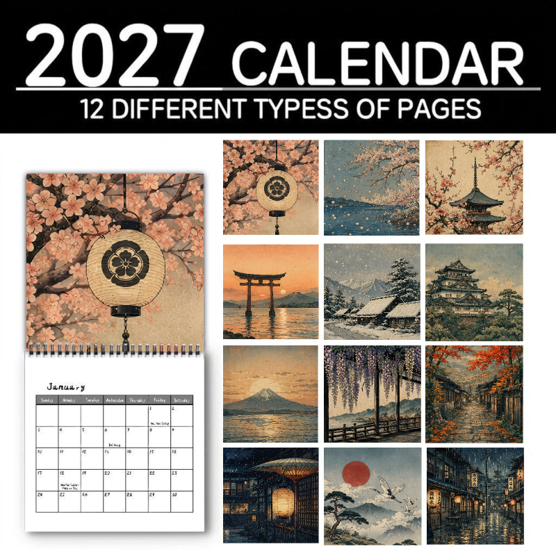 TEMU 2027 Full Year 12 Months Hanging Planning Wall Calendar Japanese Landscape Painting Calendar Lightweight Coil, No Pressure For Wall Mounting,
