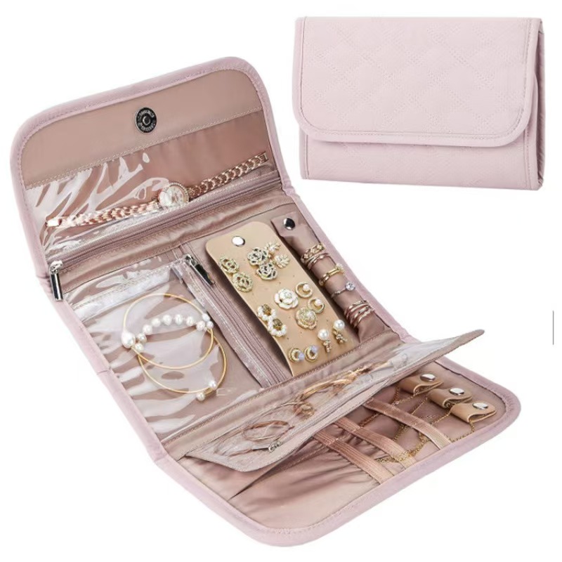 E-shop Reiseschmuck-Organizer, faltbare aufrollbare Aufbewahrungstasche für Ohrringe, Halsketten, Ringe, Armbänder, Broschen, Lila, Schmuckrollen