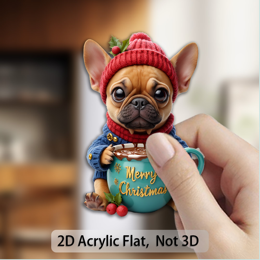 Imán de bulldog francés, 1 pieza, para amantes de los perros - Adorable decoración de frenchie con base, imanes de nevera redondos de acrílico y goma, regalos festivos para Navidad, Día de la Madre, Día del Padre - Bordes brillantes para tablones de anuncios, 2D plano