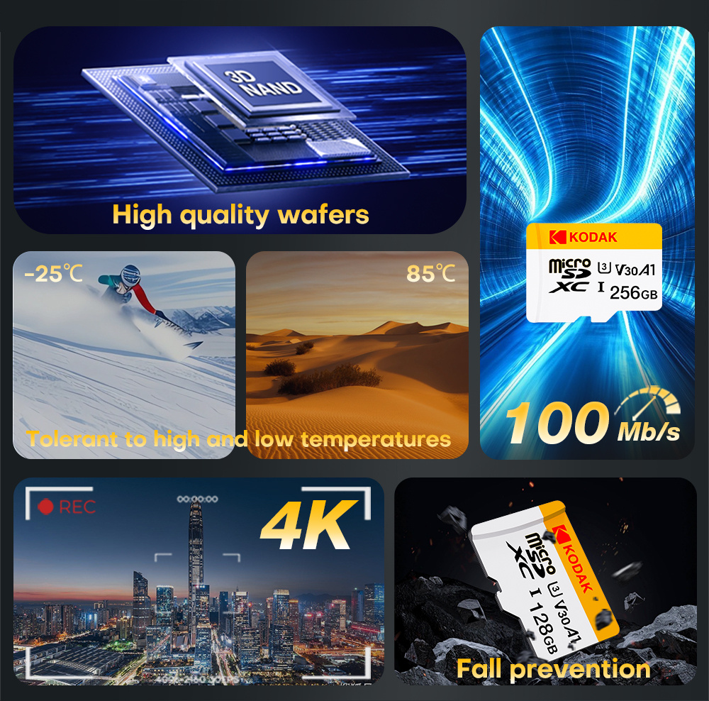 KODAK Mini Memory SD Card 256GB 128GB 64GB 32GB U3 V30 4K Full HD Micro TF Memory Flash Card for Phone/Computer/Camera