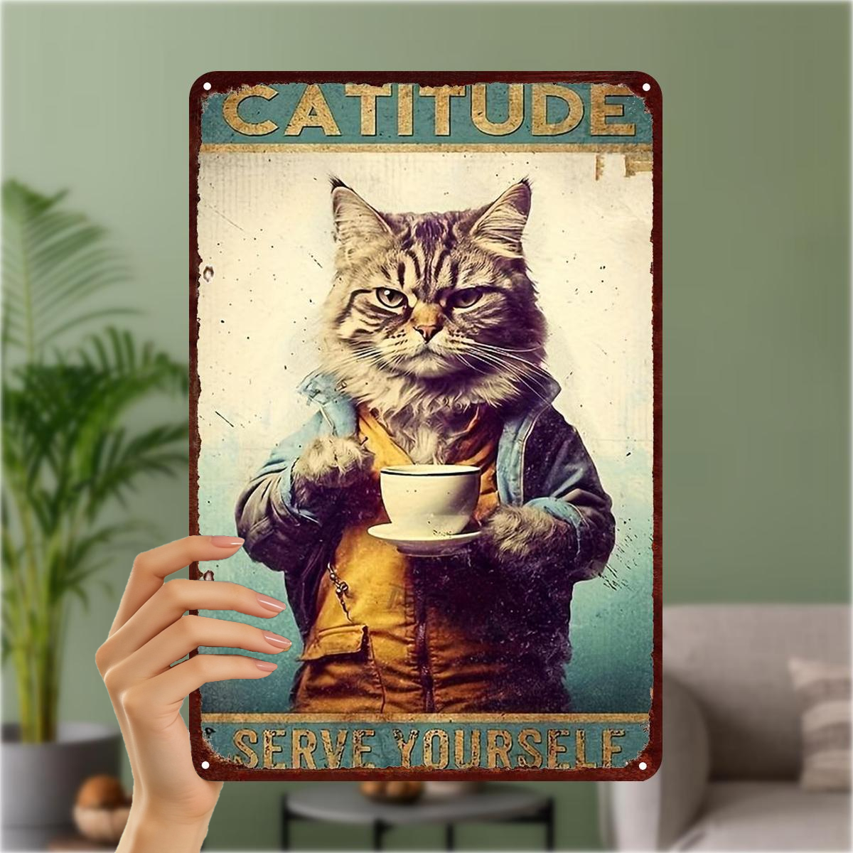 TEMU 2d Flat 1pc, Vintage Cat With Teacup Metal Art Sign – ": Serve Yourself" Decorative Wall Hanging 8x12 Inch