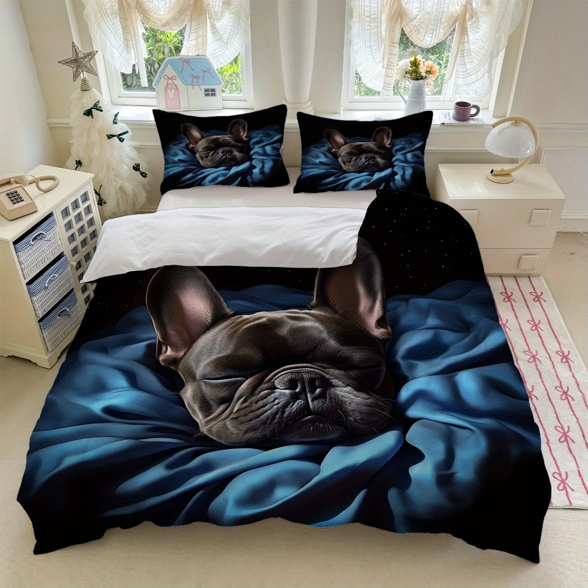 E-shop 3-teiliges Bettwäsche-Set mit Schwarzem Französischem Bulldoggen-Motiv (1 Bettbezug + 2 Kissenbezüge, Ohne Füllung) für Schlafzimmerdekoration