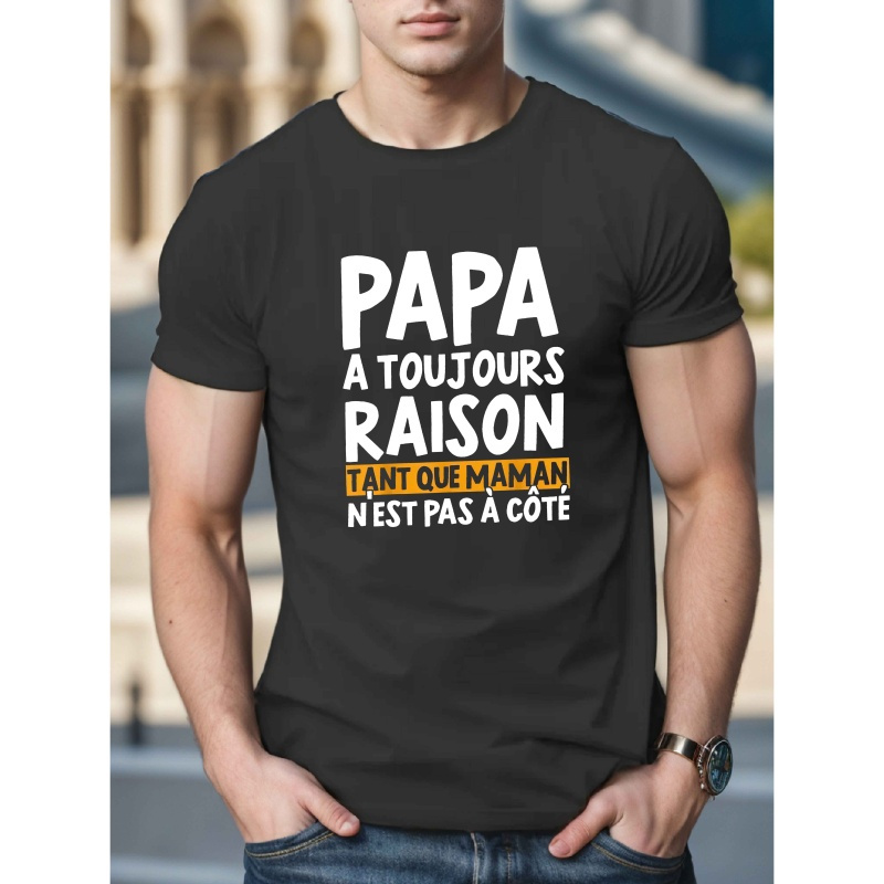 

1pc T-shirt décontracté à col rond pour hommes - Tissu tricoté 100% polyester avec légère extensibilité, motif géométrique, française "Papa a ", haut d'été pour adultes