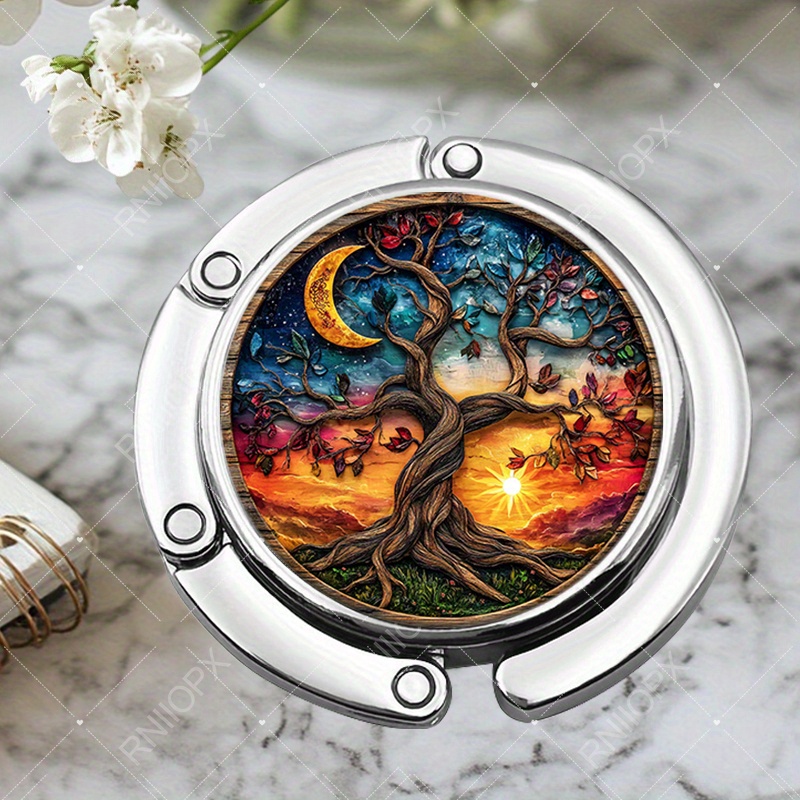 TEMU 1pc Creative Portable Metal Round Folding Hook With Colorful Yin Yang Tree Of Life For Purse Hanger Table Support Halloween Gifts Thanksgiving