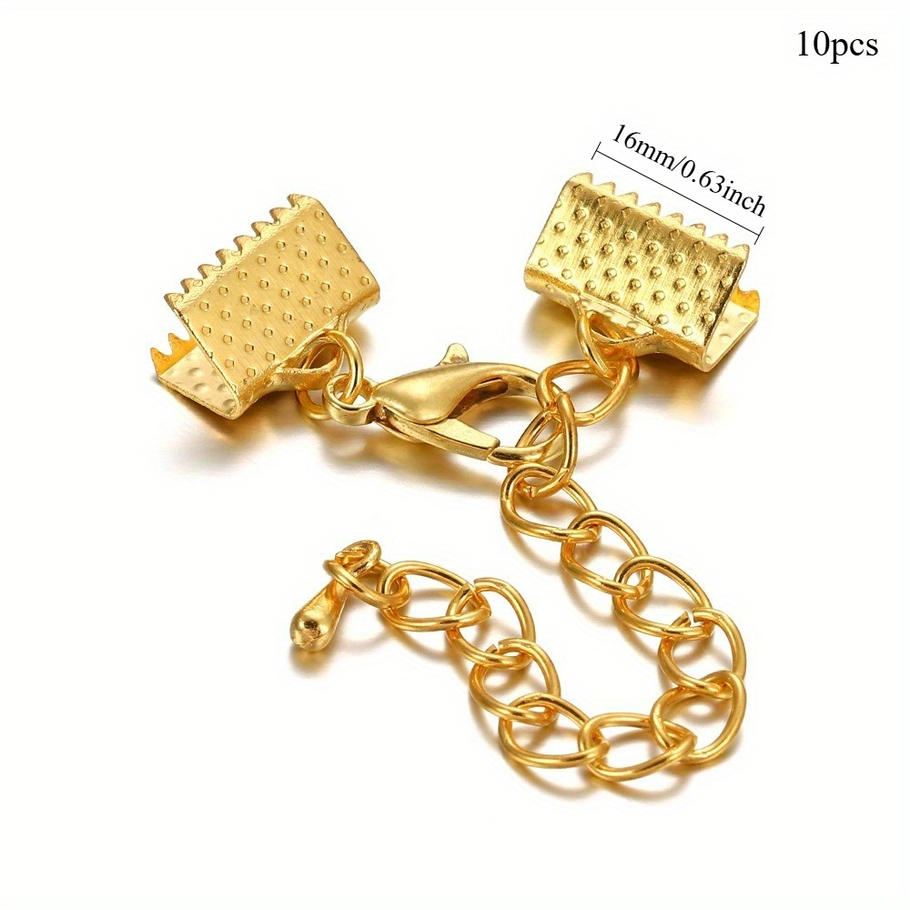 Set Of 10pcs Of Ribbon Leather Cord End Fasteners In Sizes 8, 10, 13, 16, 20, And 25mm, Complete With Chains, Lobster Clasps, And Water Drop End Beads For Jewelry Making