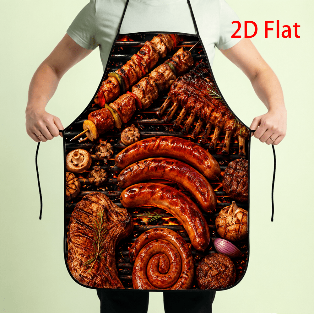 TEMU 1pc 2d Flat Printed Black Funny Barbecue Grill Apron, Realistic Sausage Steak And Ribs Pattern Chef Apron For Kitchen Cooking Baking Outdoor Bbq