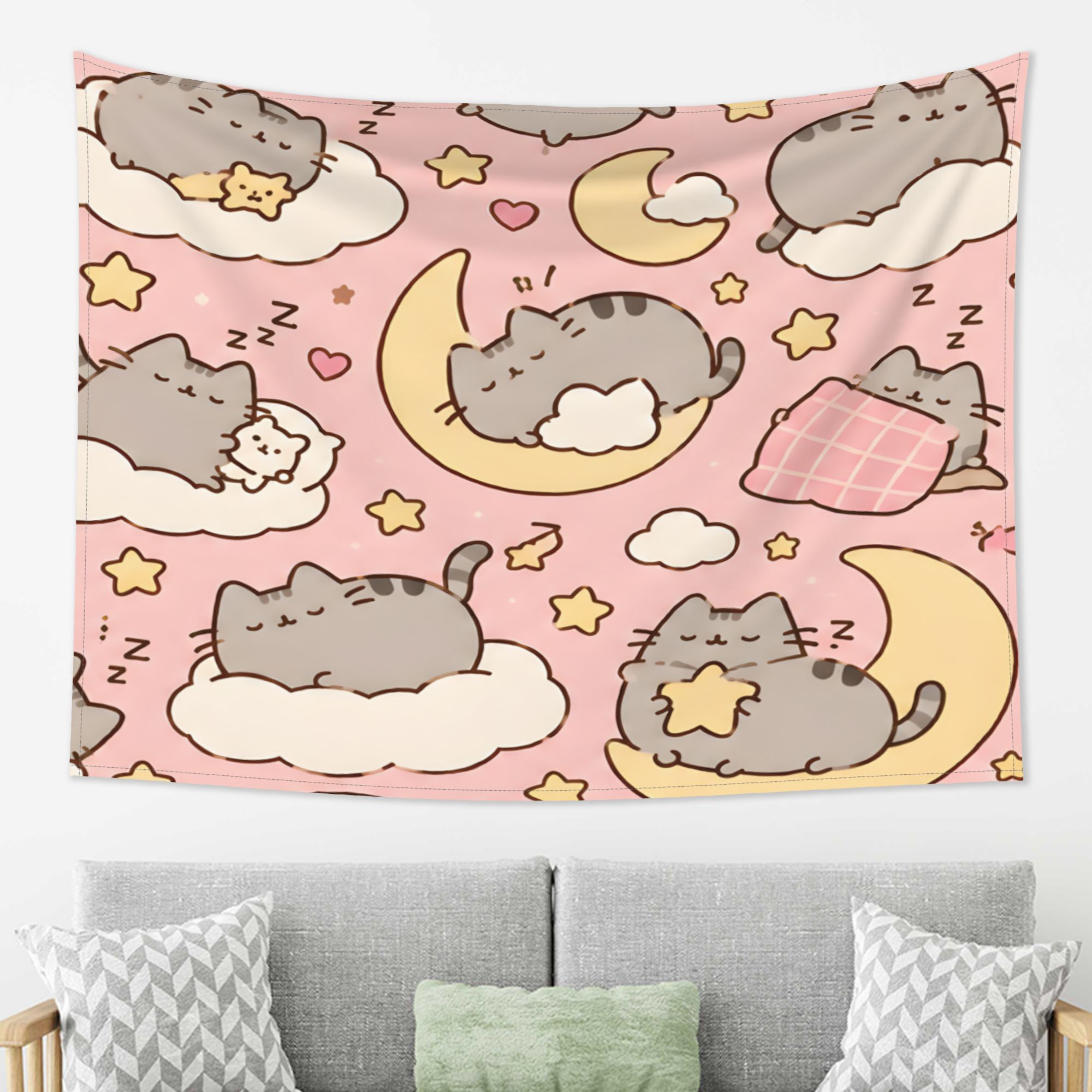 TEMU Pusho Cat Moon Stars Inspirational Design Tapestry, Suitable For Various Holidays, Perfect Tapestry Gift, Living Room Bedroom Office Home Decor