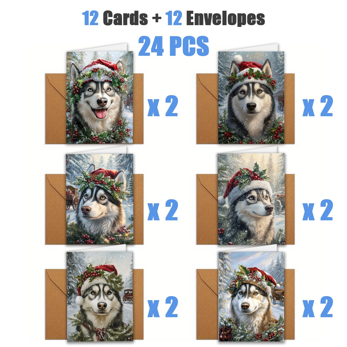 TEMU 1set/ 12pcs/ 24pcs Christmas Greeting Cards With Husky Head Portraits Wearing Santa Hats | Includes Envelopes, Greeting Cards | Perfect For