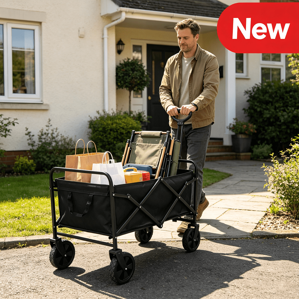 Image of 78x48x47cm Black Collapsible Utility Wagon Cart Carbon 150kg/ 330lbs Adjustable 49- 72cm Handle 5 Inch Swivel Front Wheels Foldable Trolley For Camping Beach Shopping Fishing