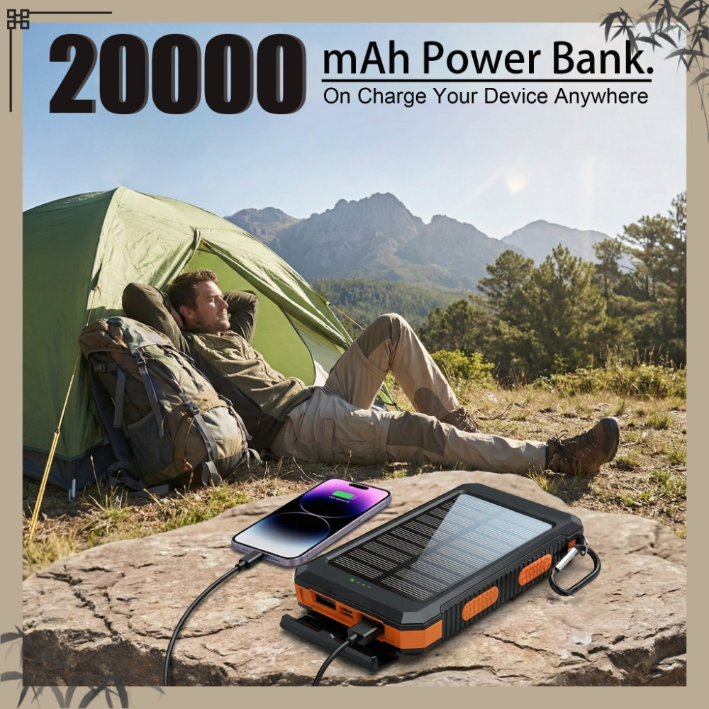E-shop 20000mAh Tragbare Solar Powerbank, Solar Handy Ladegerät, Camping Aufladegerät für Handys, 2 USB/ LED Taschenlampen mit Kompass für Outdoor