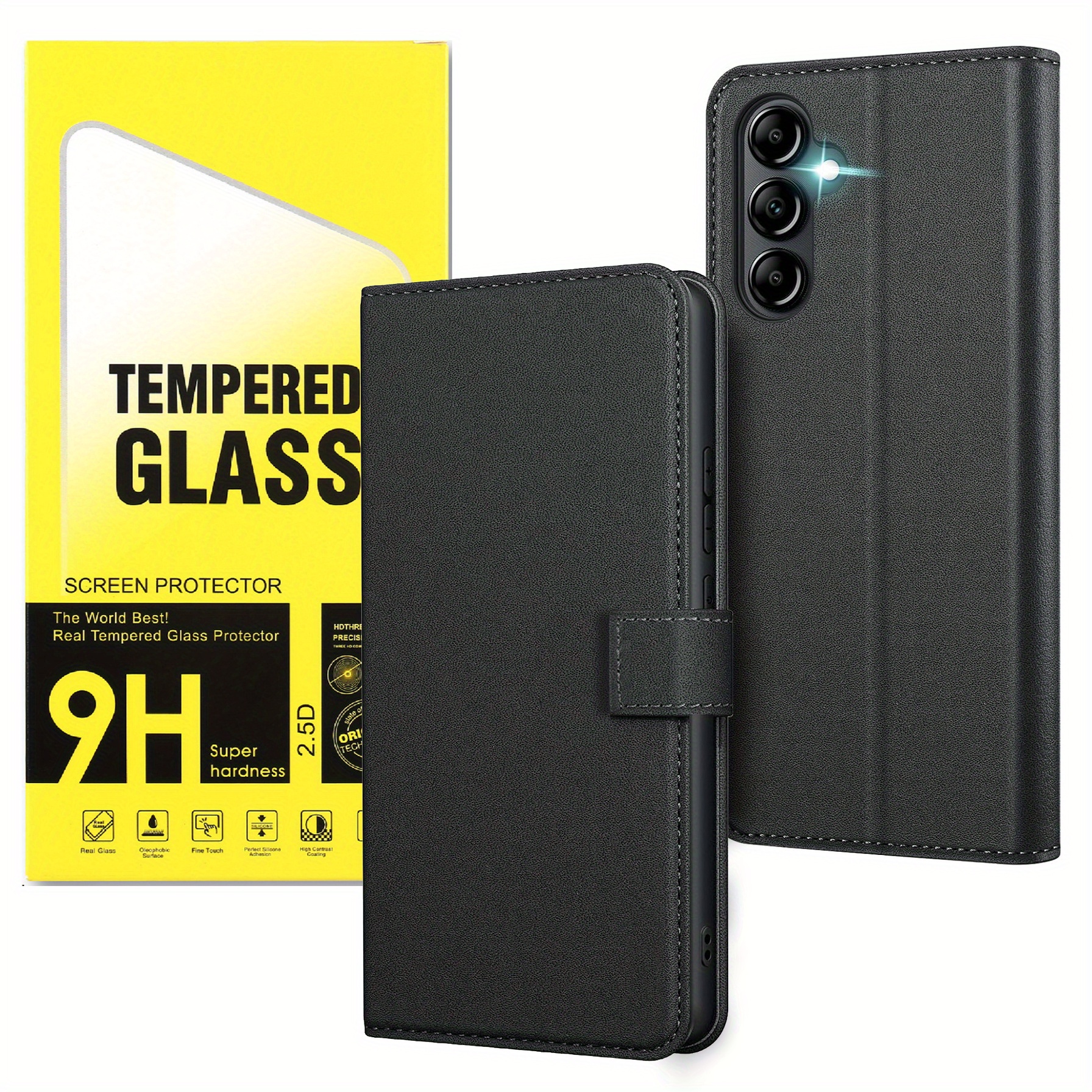 TEMU Phone Case - For Galaxy A14 5g With 2pcs Tempered Glass Screen Protector, Kickstand Faux Leather Card Slot Flip Protective Phone Case Cover