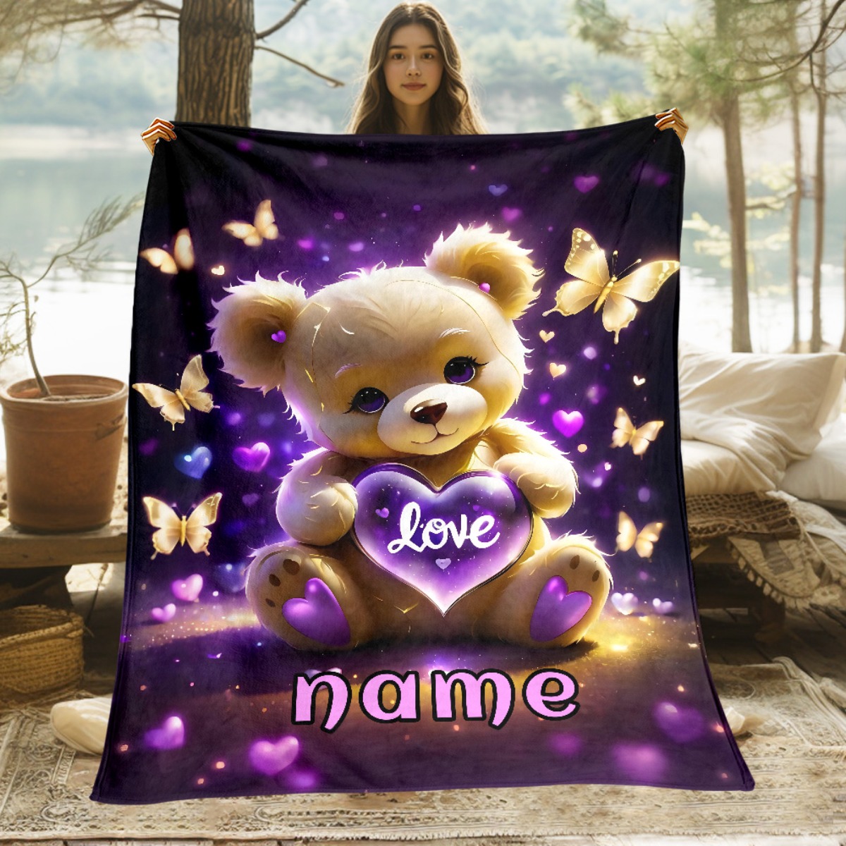 TEMU 1pc Personalized Custom Name Bear With Heart Blanket - Soft Flannel Throw Blanket, Suitable For Travel, Bed, Sofa - Cozy Bedspread With Custom