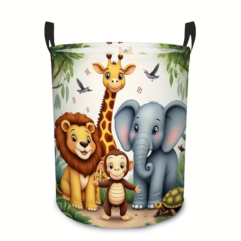 TEMU 1pc Lion Giraffe Elephant Monkey Foldable Storage Basket - With Patterns, Round Space-saving Laundry Basket Suitable For Clothes,, Bathroom &