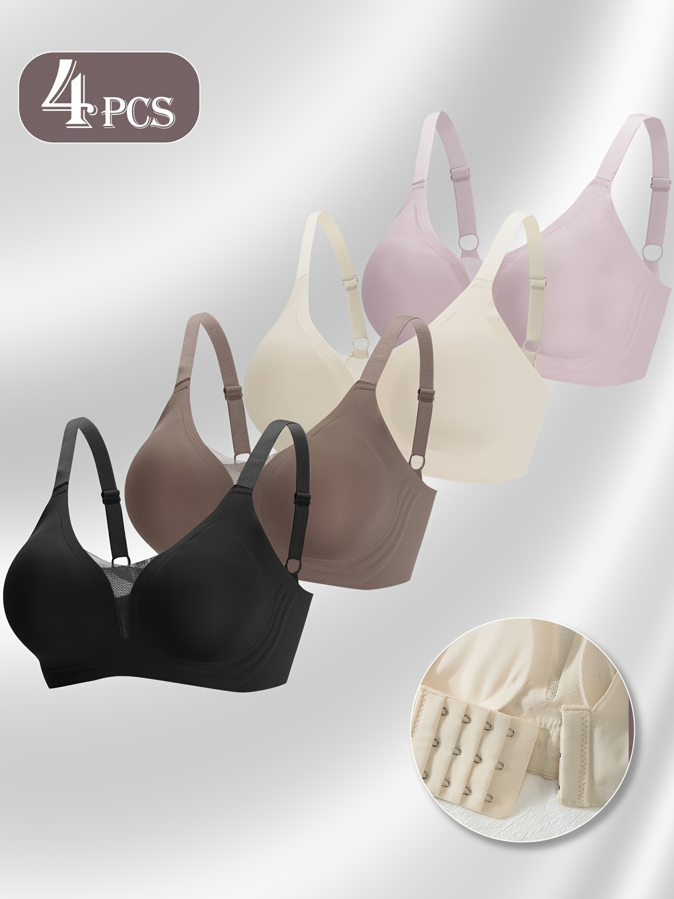 4pcs Women's Seamless Full Coverage V-Neck Bra Set, Comfortable