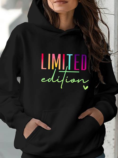 womens edition graphic hoodie casual streetwear with long sleeves kangaroo pocket drawstring hood soft polyester blend machine washable